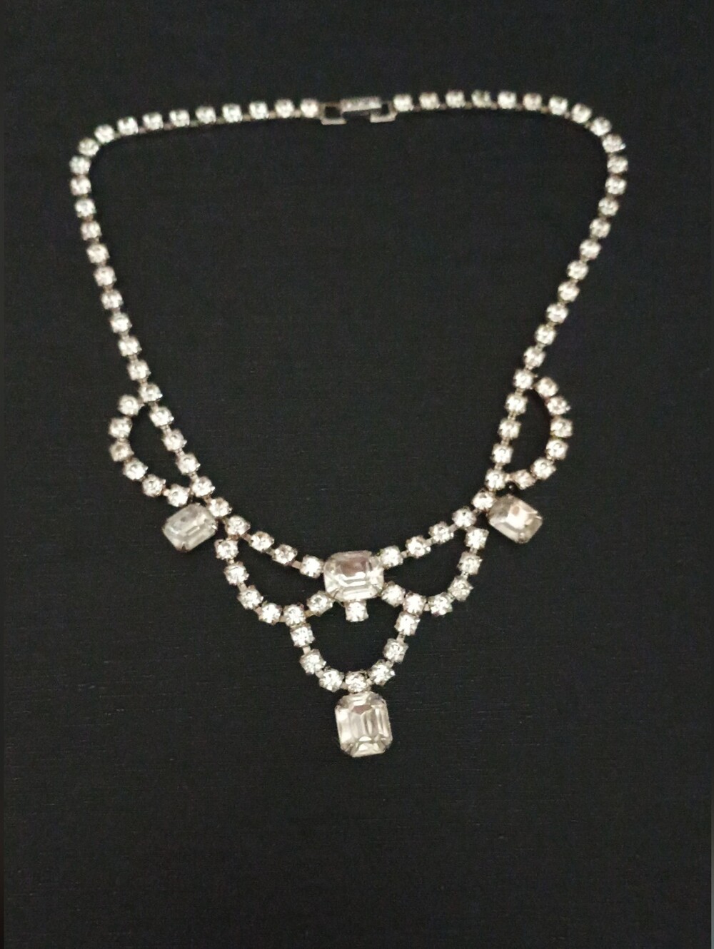 Vintage Crystal Statement Necklace - Silver-Tone Rhinestone Jewelry 14 "